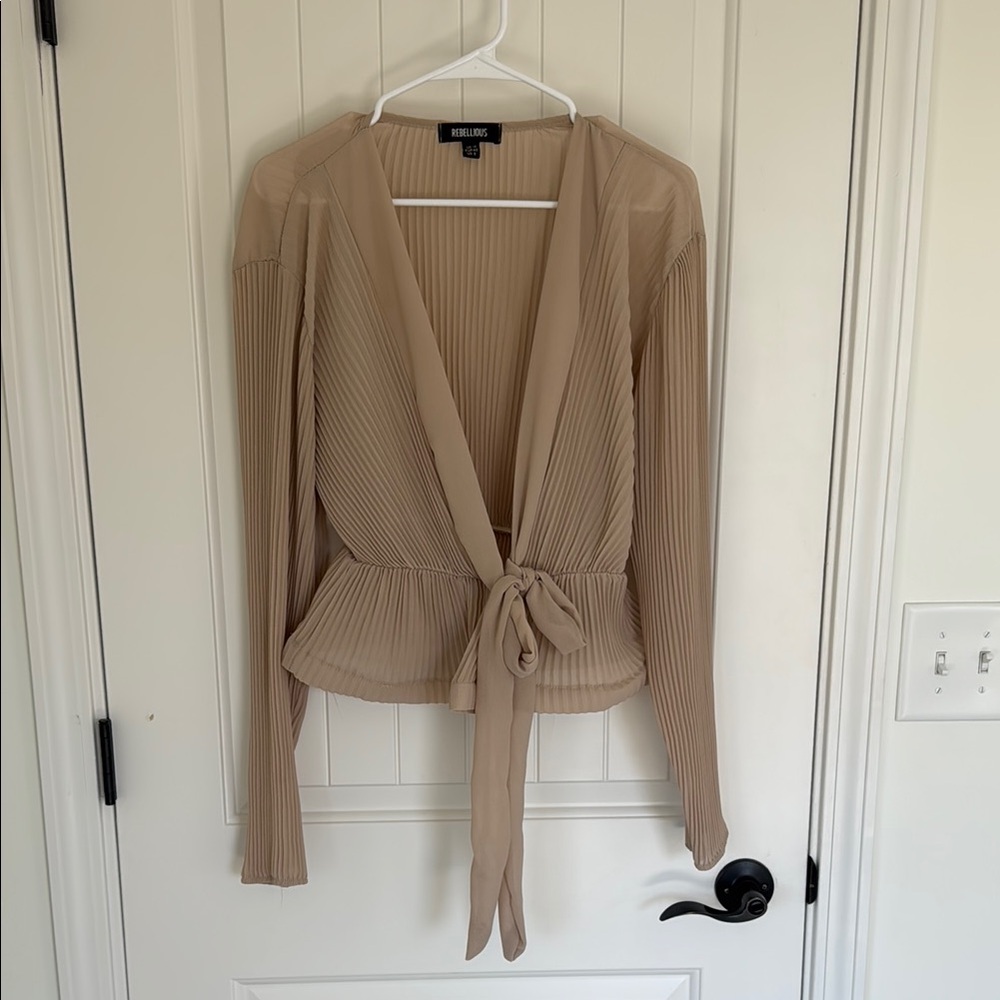 Tan Pleated Wrap Blouse